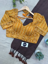 Brown Handloom Khadi Cotton Saree With Ajrakh Print Stitched Blouse